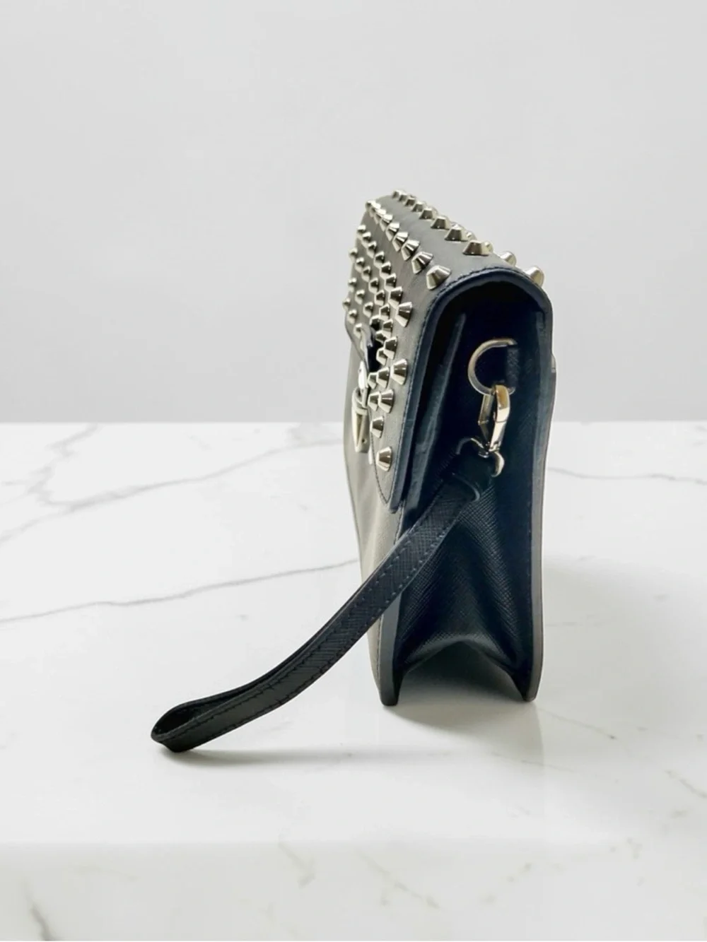 Prada Saffiano Leather Studded Clutch Wristlet Black Silver Hardware Y2K - Picture 7 of 11